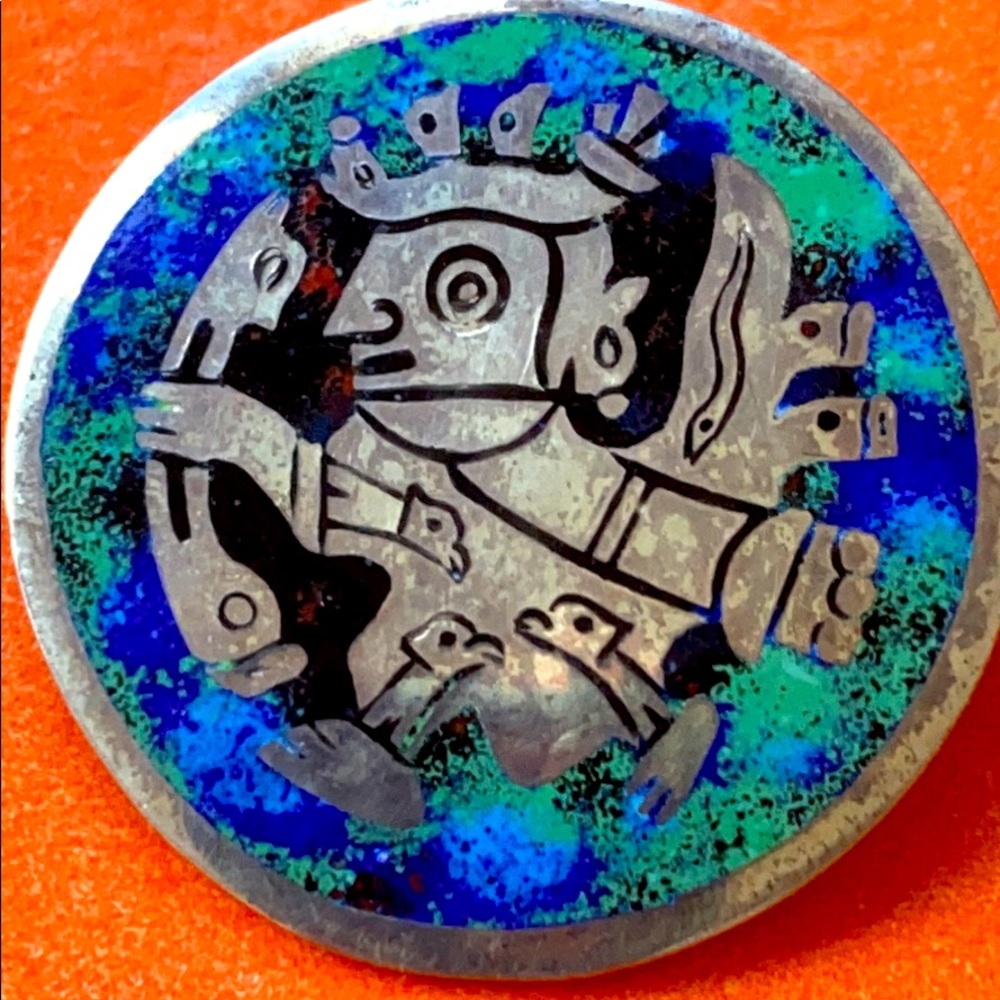Solid Sterling Silver Enamel Peru Aztec Pion - image 1